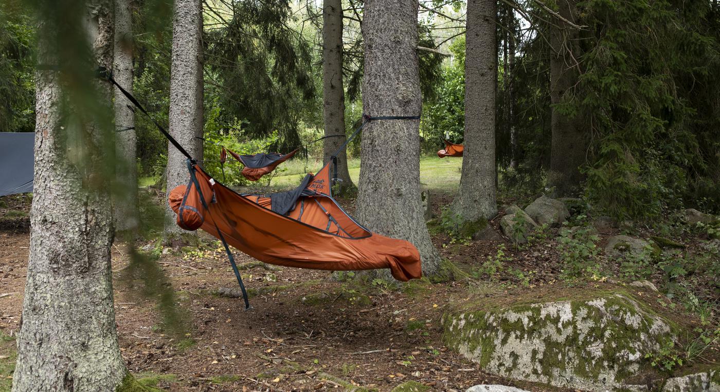 En hängmatta hänger mellan två träd i skogen