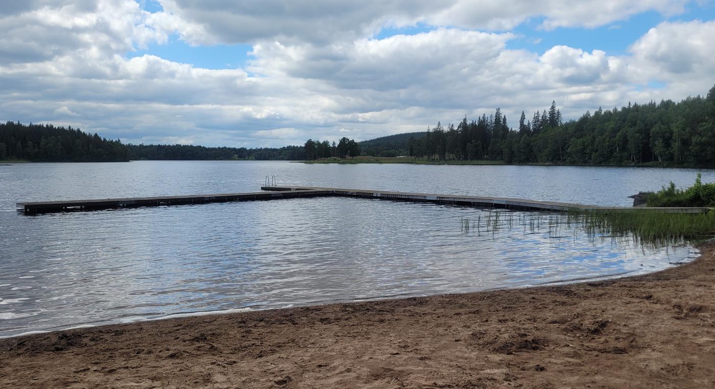 En brygga ligger över vattnet vid en liten sandstrand vid en skogssjö