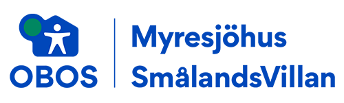 OBOS logotyp med texten Myresjöhus och Smålandsvillan