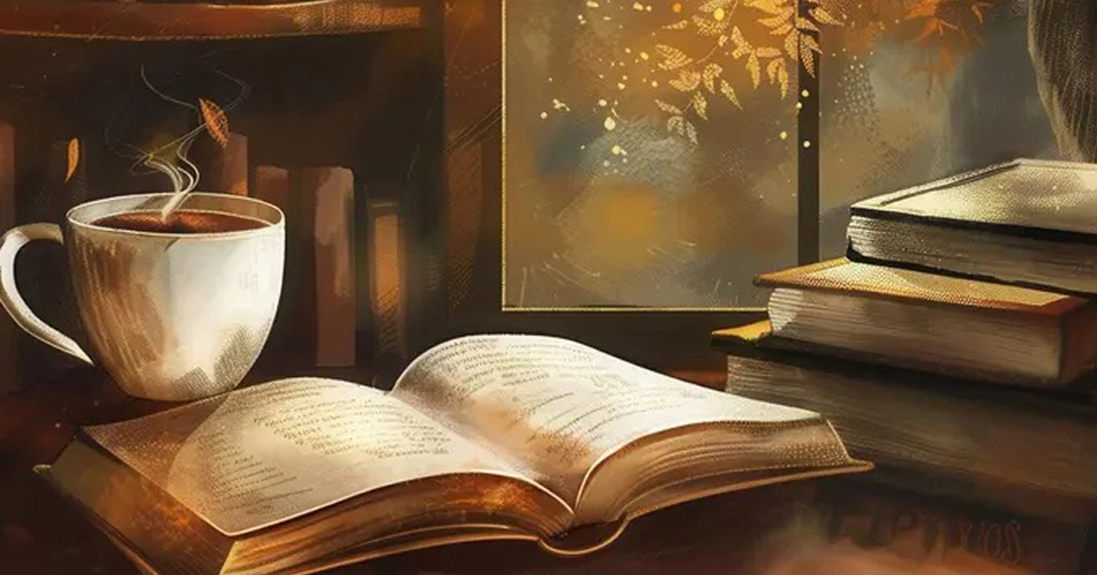 En uppslagen bok med en kopp kaffe